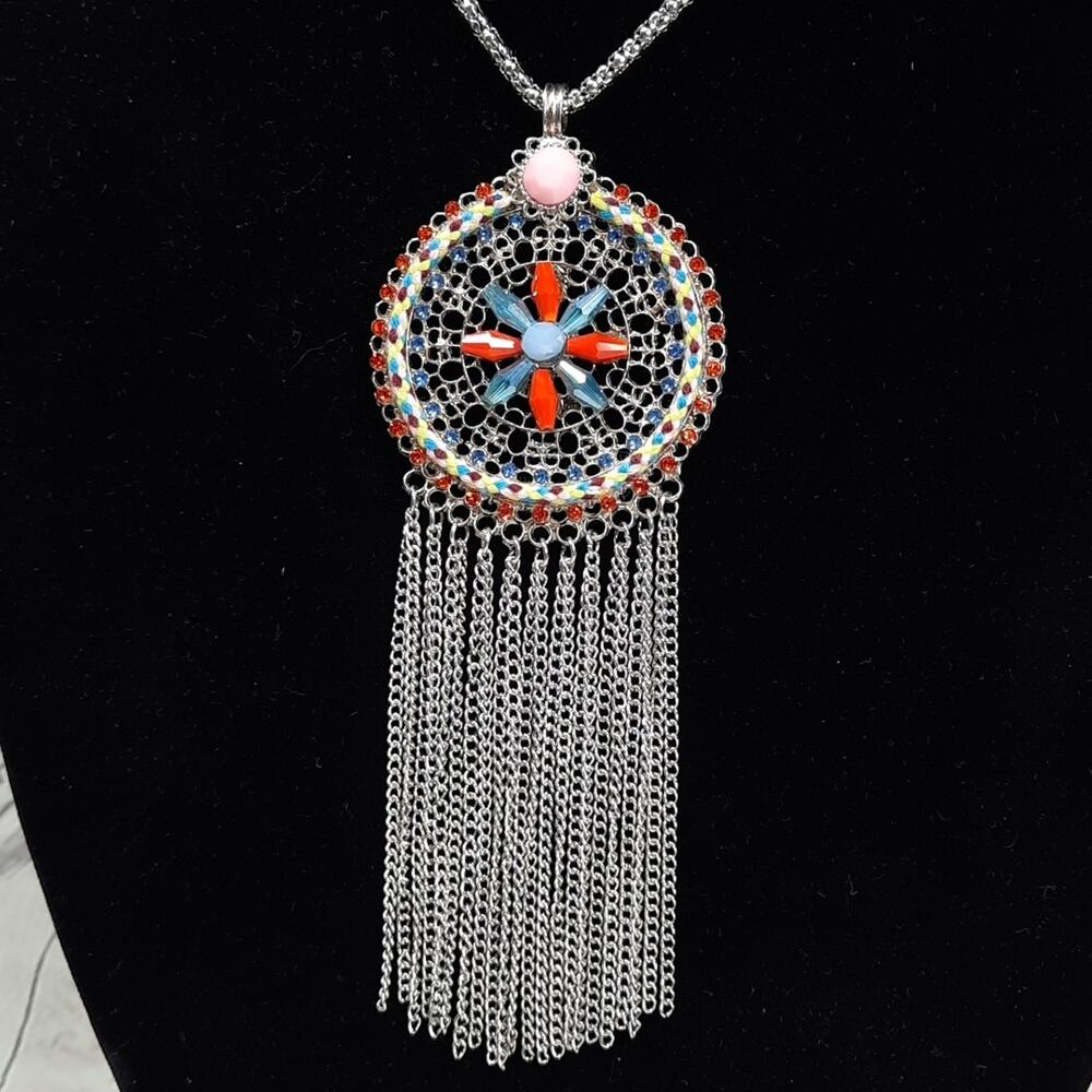 Colorful Round Medallion Pendant with Tassels on Long Silver Tone Chain Necklace